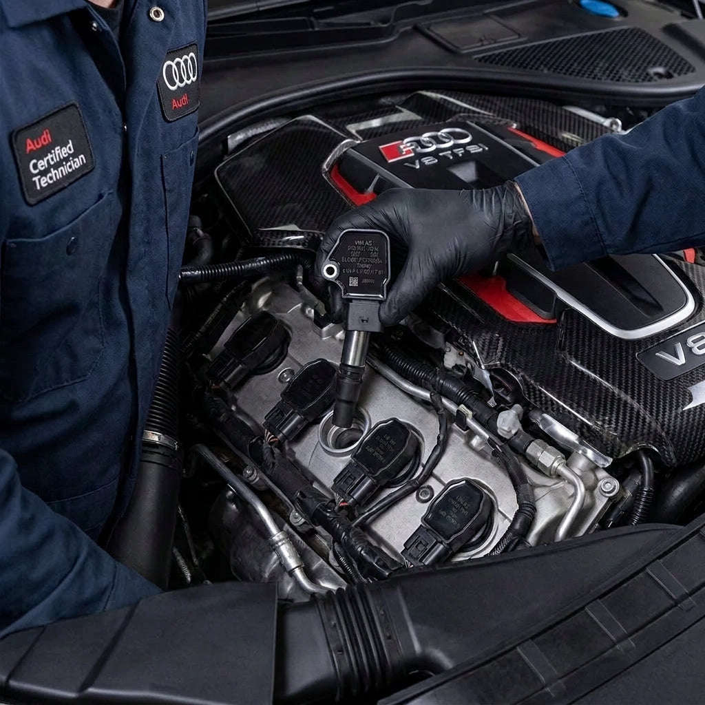 Genuine OEM ignition coil for Audi VW 4.0L engine, 2013-2018, showing the coil with electrical connectors and metal body.