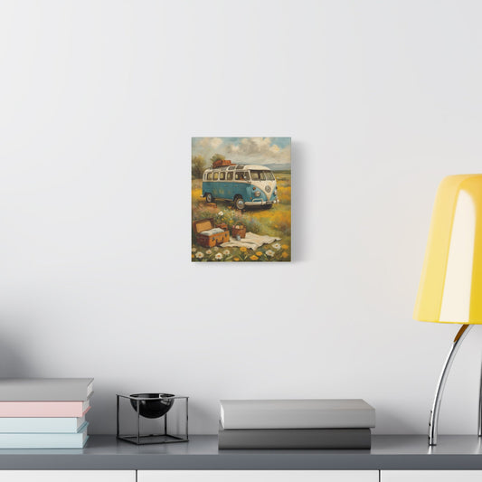 Vintage 1960s VW Type 2 Microbus Canvas Wall Art | Wildflower Meadow Bohemian Picnic Canvas Print | Impressionist Classic Camper Art for Living Room & Office