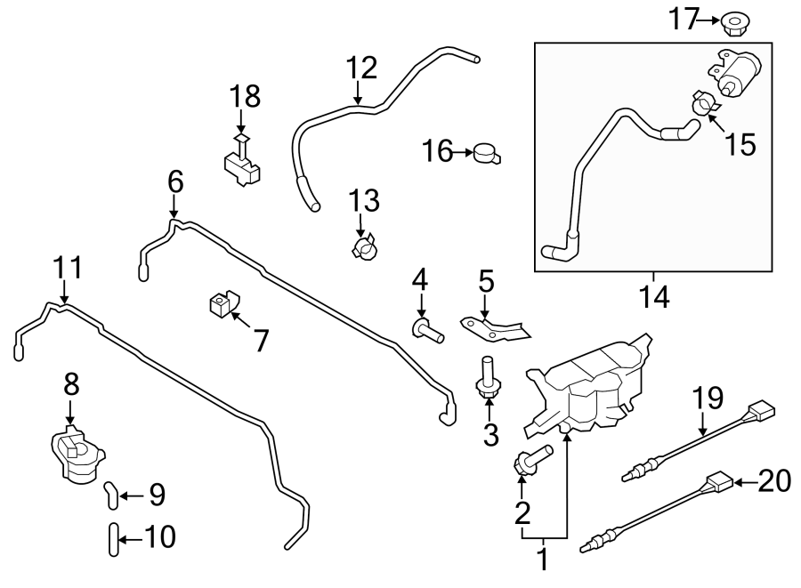 Black and white exploded parts diagram showing various components of a vehicle fuel system with numbered callouts from 1 to 20.