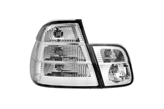 BMW 3-Series E46 sedan clear tail lights by K2 Industries, showing the sleek design and transparent lens for 1998-2006 models.