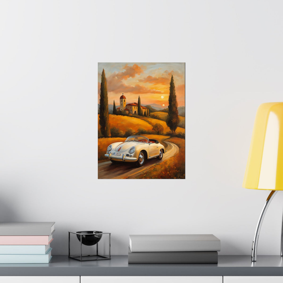 Vintage 1956 Porsche 356 Speedster Poster | Tuscan Countryside Sunset Wall Art | Impressionist European Classic Sports Car Fine Art Paper Print