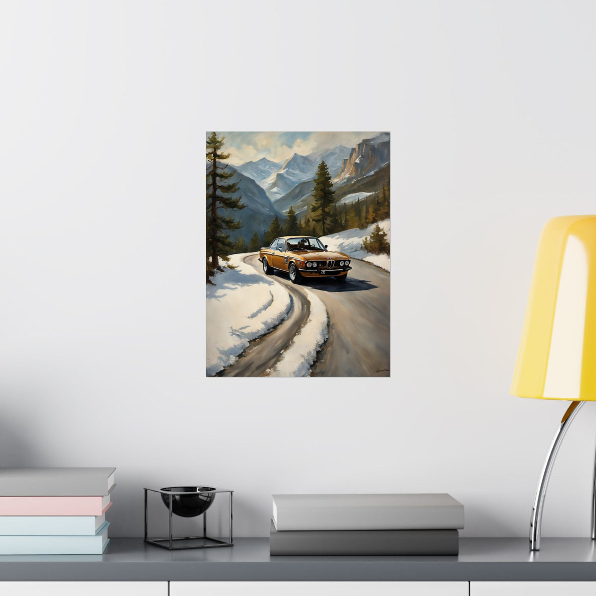 1973 BMW 30 CSL Wall Art Inka Orange Bronze Alpine Mountain Pass Snow Road Poster Classic German Sports Coupe Oil Painting Fine Art Print for Home Office Decor