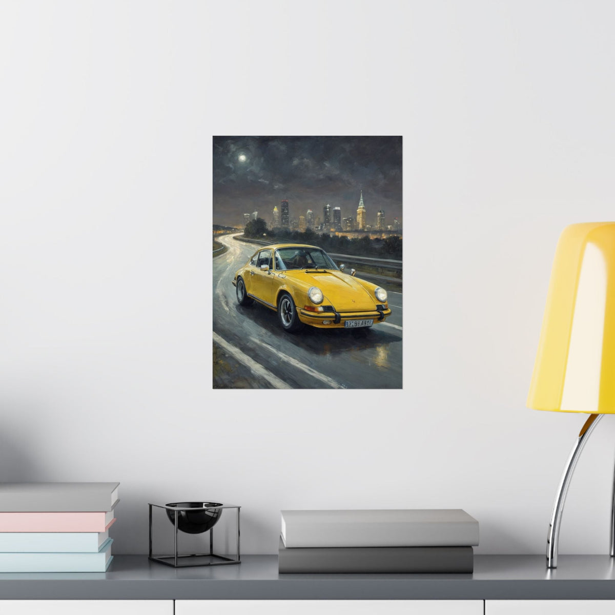 1973 Porsche 911 Wall Art Signal Yellow Night Highway City Skyline Full Moon Poster Classic German Sports Car Oil Painting Fine Art Print for Home Office Decor