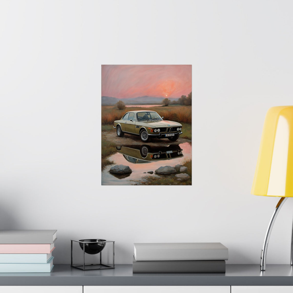 1973 BMW 30 CSL Wall Art Polaris Silver Gold Lake Sunset Water Reflection Poster Classic German Sports Coupe Oil Painting Fine Art Print for Home Office Decor