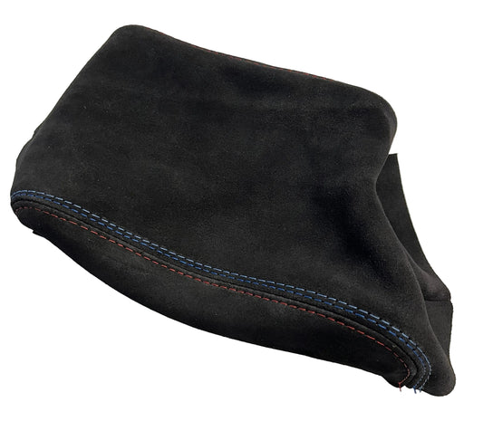 Leather and suede BMW E36 E46 center console armrest cover with stitching, designed for 1991-2005 models by JTS Custom Upholstery.