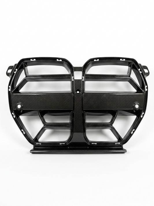 BMW 3 Series M3 G80 M4 G82 CSL style carbon fiber front grille by K2 Industries, showcasing the sleek, lightweight design.