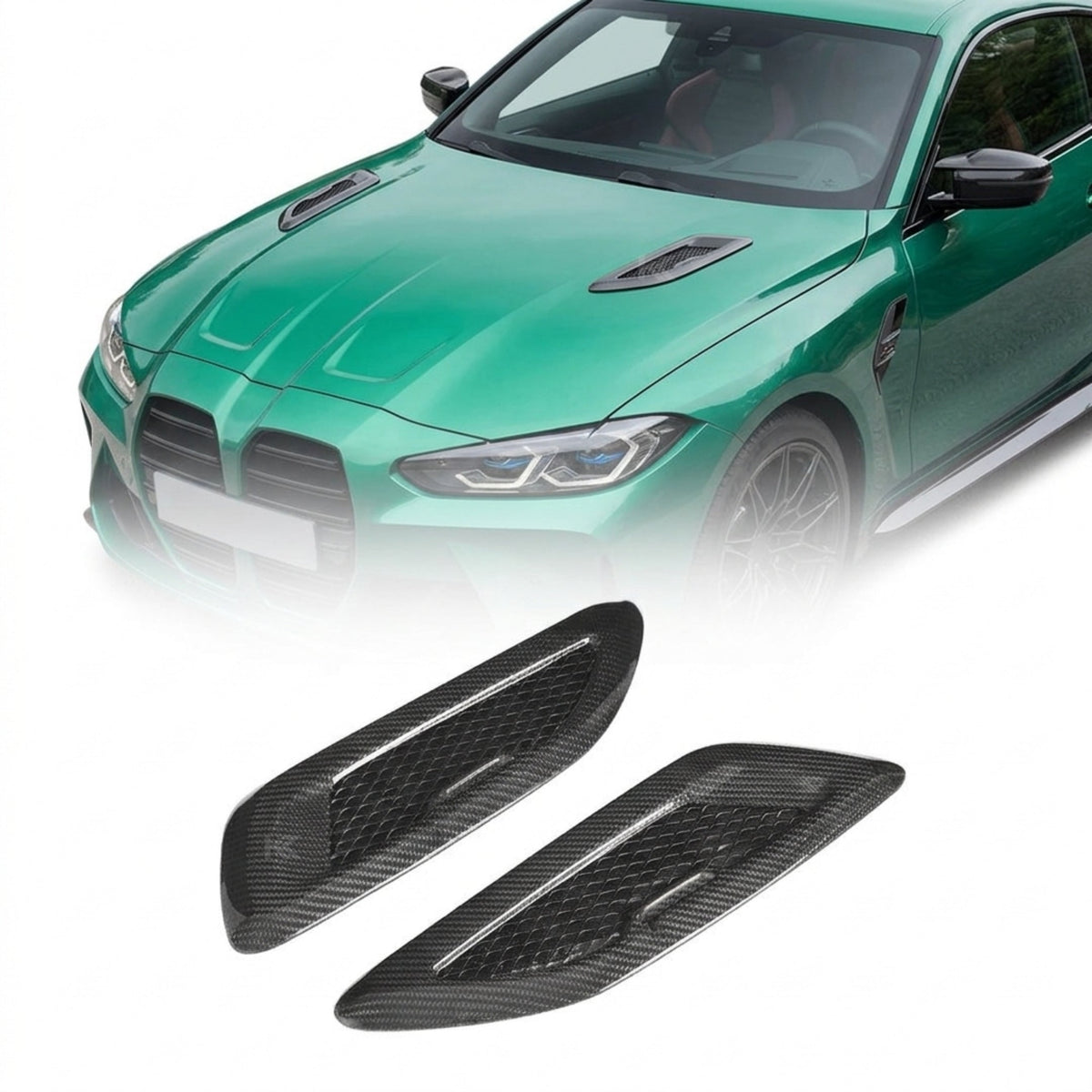 K2 Industries carbon fiber hood vents for BMW F80 M3, F82 M4, F87 M2, F90 M5, and G30 models, showcasing sleek vent design.