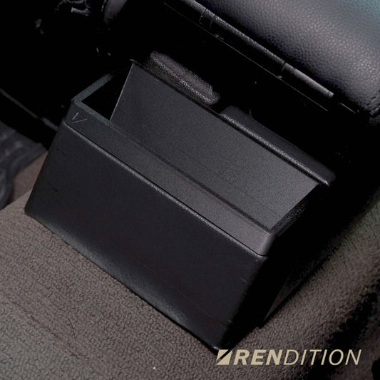 BMW E30 rear ashtray storage box by K2 Industries, showing the interior view with the ashtray compartment inside the vehicle.