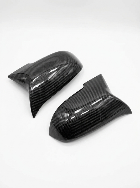K2 Industries carbon fiber side mirror covers for BMW 1 & 2 Series F20, F21, F22, F32, F87 M135i, M140i models, sleek and lightweight.