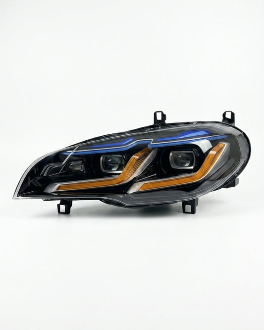 BMW X5 E70 LED headlights upgrade by K2 Industries, showing sleek, high-performance headlight units with LED bulbs and modern design.