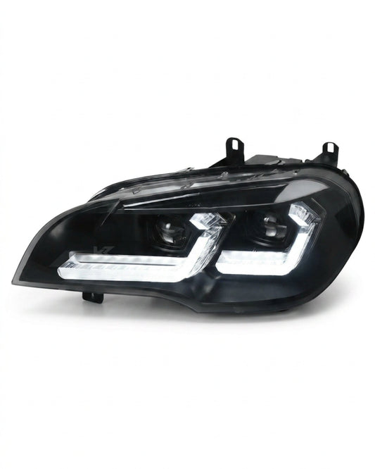 BMW X5 E70 headlights with K2 Industries "TRON" LED design, showing sleek, modern headlight assembly for 2007-2013 models.