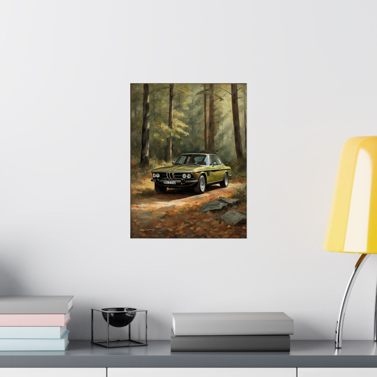 1973 BMW 30 CSL Wall Art Taiga Metallic Green Autumn Forest Sunlight Poster Classic German Sports Coupe Oil Painting Fine Art Print for Home Office Decor