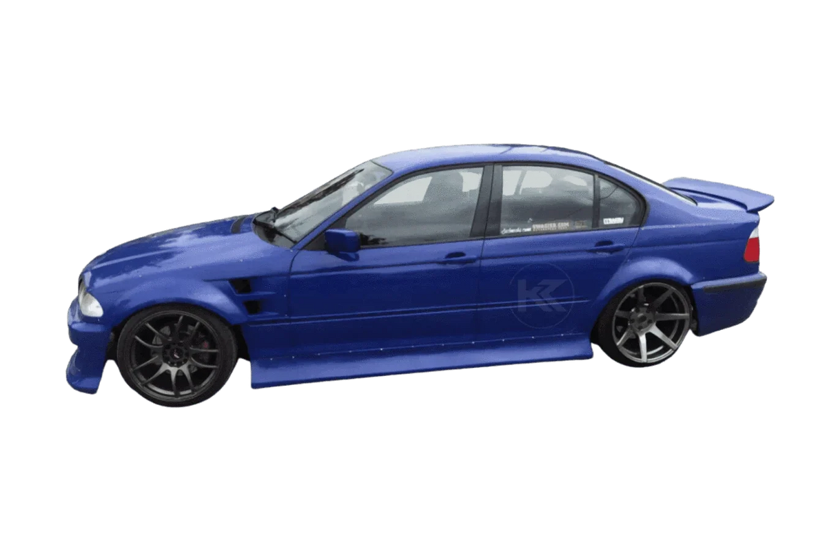 BMW 3-Series E46 sedan body kit by K2 Industries, JDM style ABS plastic front and rear bumper and side skirt components.