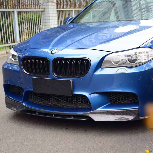 BMW F10 M5 V Sports Style carbon fiber front lip, high-performance Bmw front lip by Palenon Performance, shown on a black vehicle.