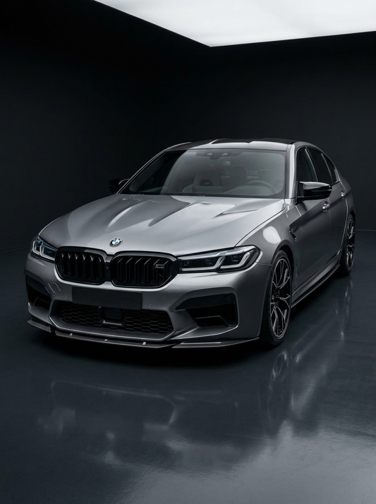 BMW 5 Series F90 M5 LCI ST Style carbon fiber front lip, sporty aerodynamic design for 2020+ models, by K2 Industries.