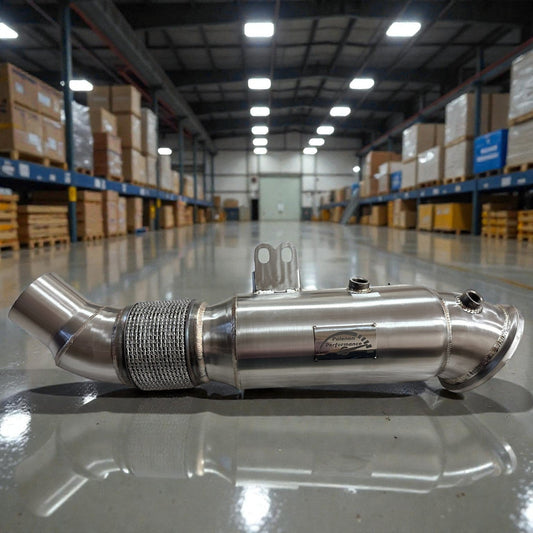 Palenon Performance 5-inch B58 downpipe for BMW and Toyota Supra, showing the shiny stainless steel exhaust pipe with flanges.