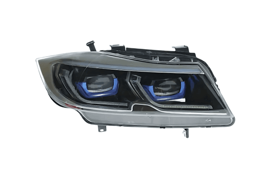 Pair of BMW 3-Series E90 modern style headlights by K2 Industries for 2005-2012 model, with clear lens and sleek design.