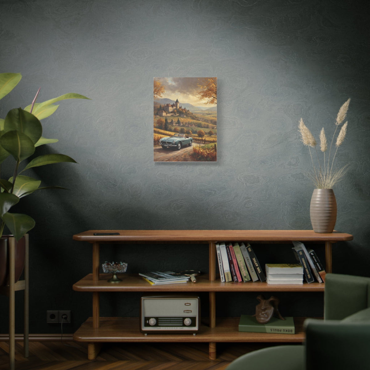 Vintage 1957 BMW 507 Roadster Canvas Wall Art | Autumn Vineyard Castle Valley Canvas Print | Impressionist Classic European Sports Car Art for Living Room & Office