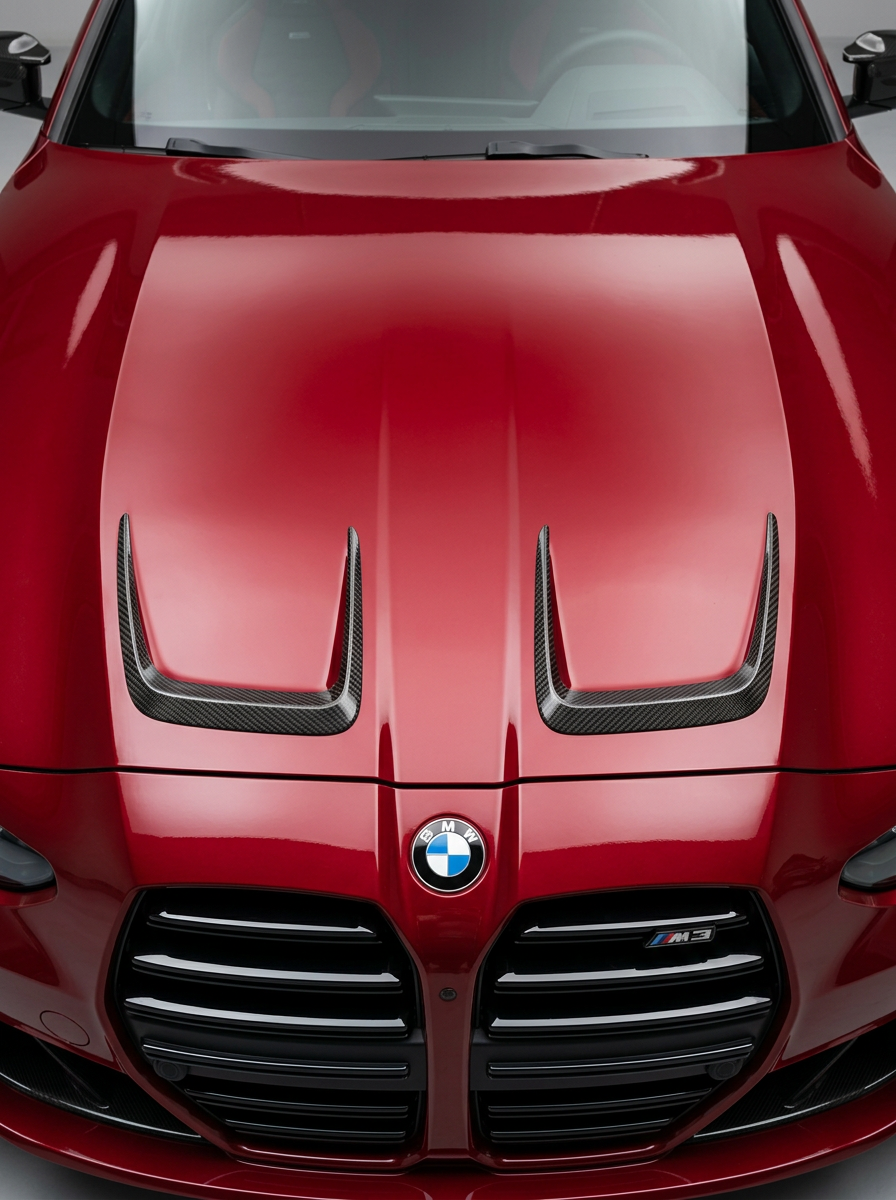 BMW 3/4 Series G80/G81/G82/G83 carbon fiber hood vents by K2 Industries, showcasing sleek, lightweight vent design on hood.