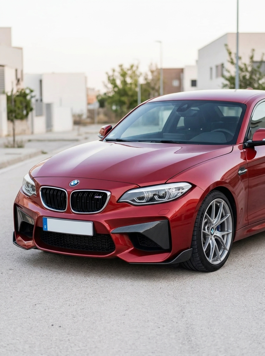 BMW 2 Series M2 F87 carbon fiber front flaps by K2 Industries, showing sleek, lightweight aerodynamic enhancements for the vehicle.