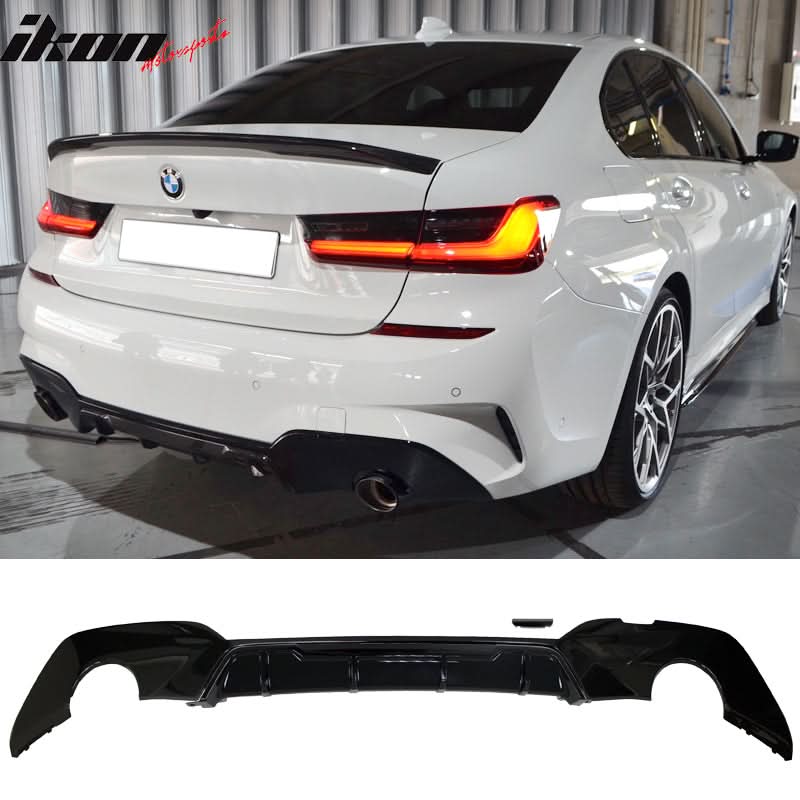 K2 Industries BMW G20 3 Series front lip, rear diffuser, and side skirts in black, automotive spoilers for sporty enhancement.