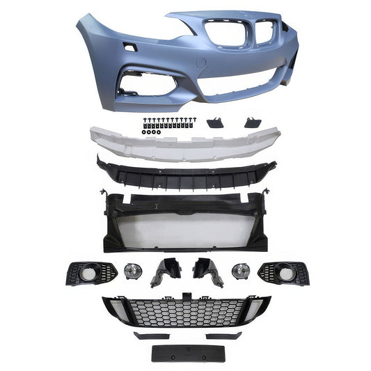 BMW F22 F23 M Sport style front bumper cover with fog lights, black finish, designed for 2014-2021 models by K2 Industries.