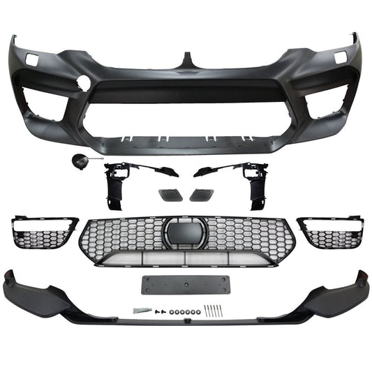 BMW G30 2017-2020 M5 style front bumper by K2 Industries with lip and fog cover, showing the sleek design and details.