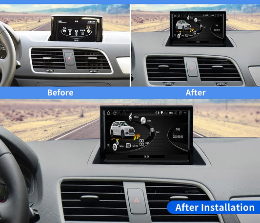 Carlinklife® 8-inch Android touch screen multimedia system for Audi Q3 2012-2018 with Bluetooth, WiFi, SIM, and GPS.