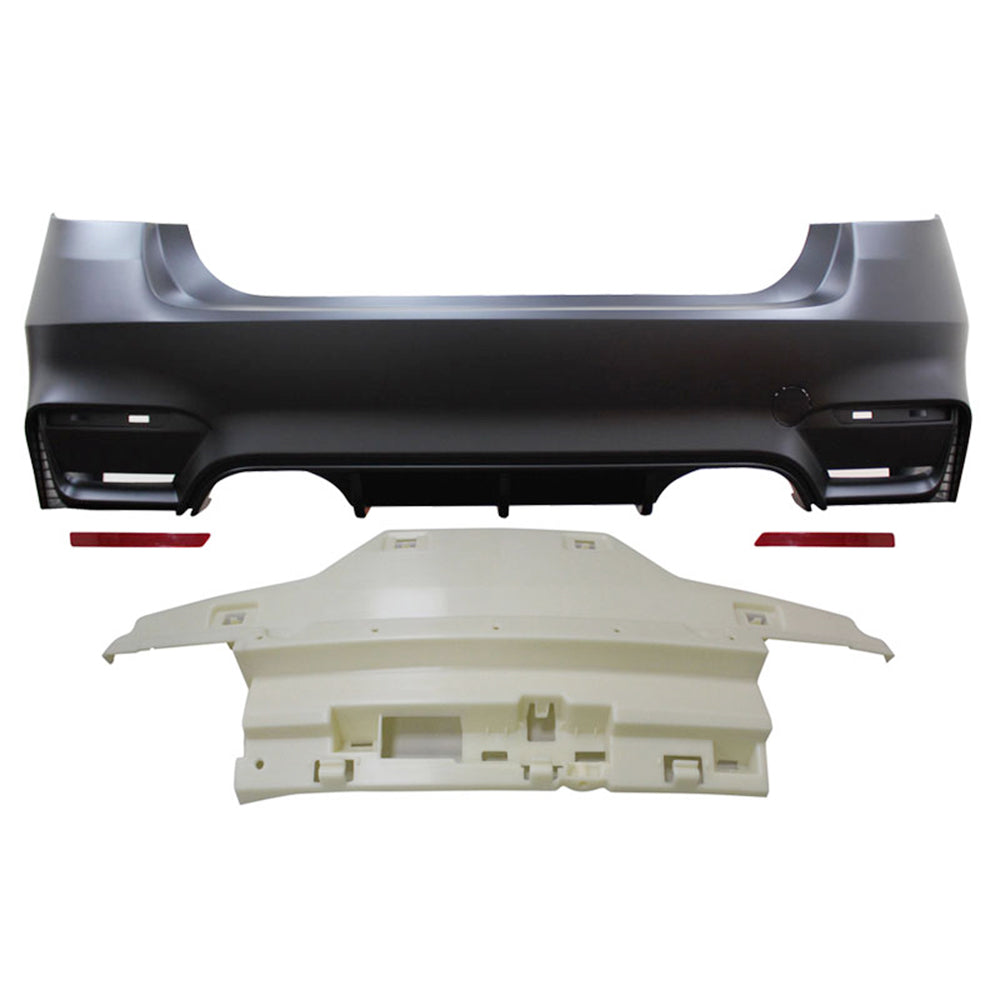 BMW F30 3 Series M3 M4 Style twin muffler rear bumper cover by K2 Industries, designed for 2012-2019 models, with sleek finish.