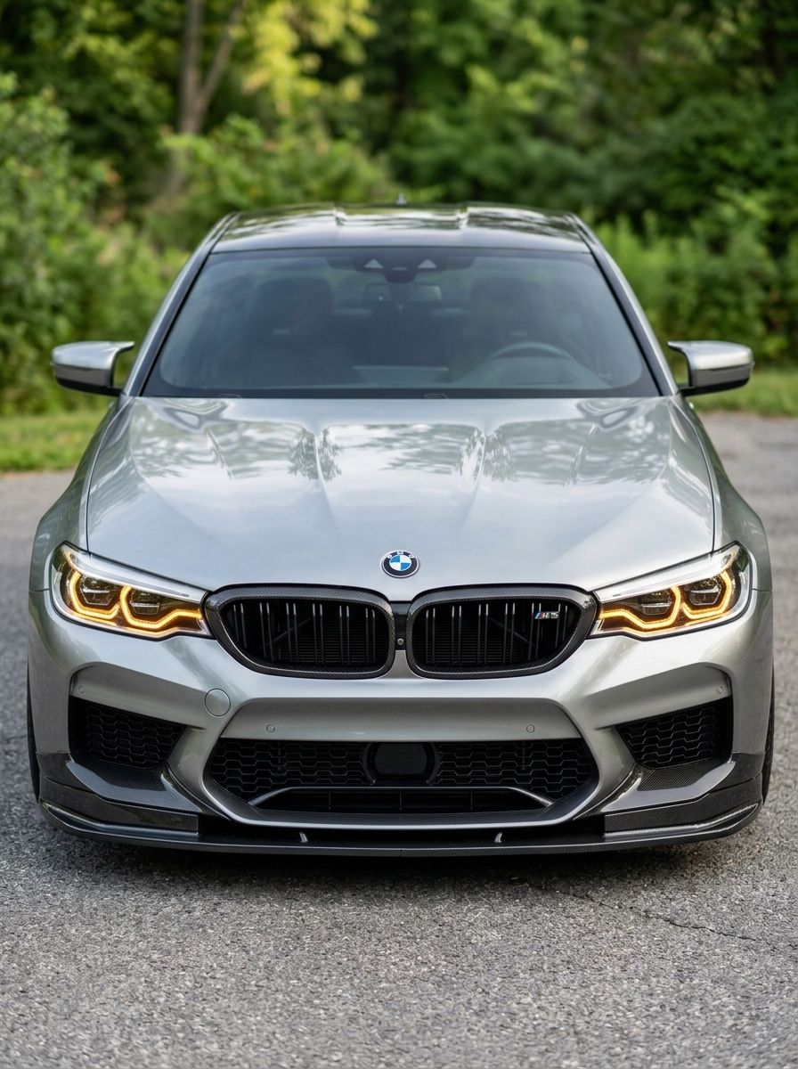 BMW 5 Series G30 carbon fiber front grille by K2 Industries, showcasing the sleek, textured carbon fiber design on the vehicle front.