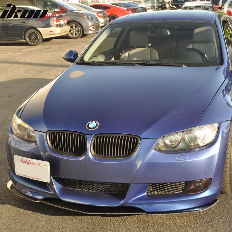 K2 Industries front bumper lip and splitter rod for 2007-2013 BMW E90 E92 E93 2-door models, with carbon fiber finish.