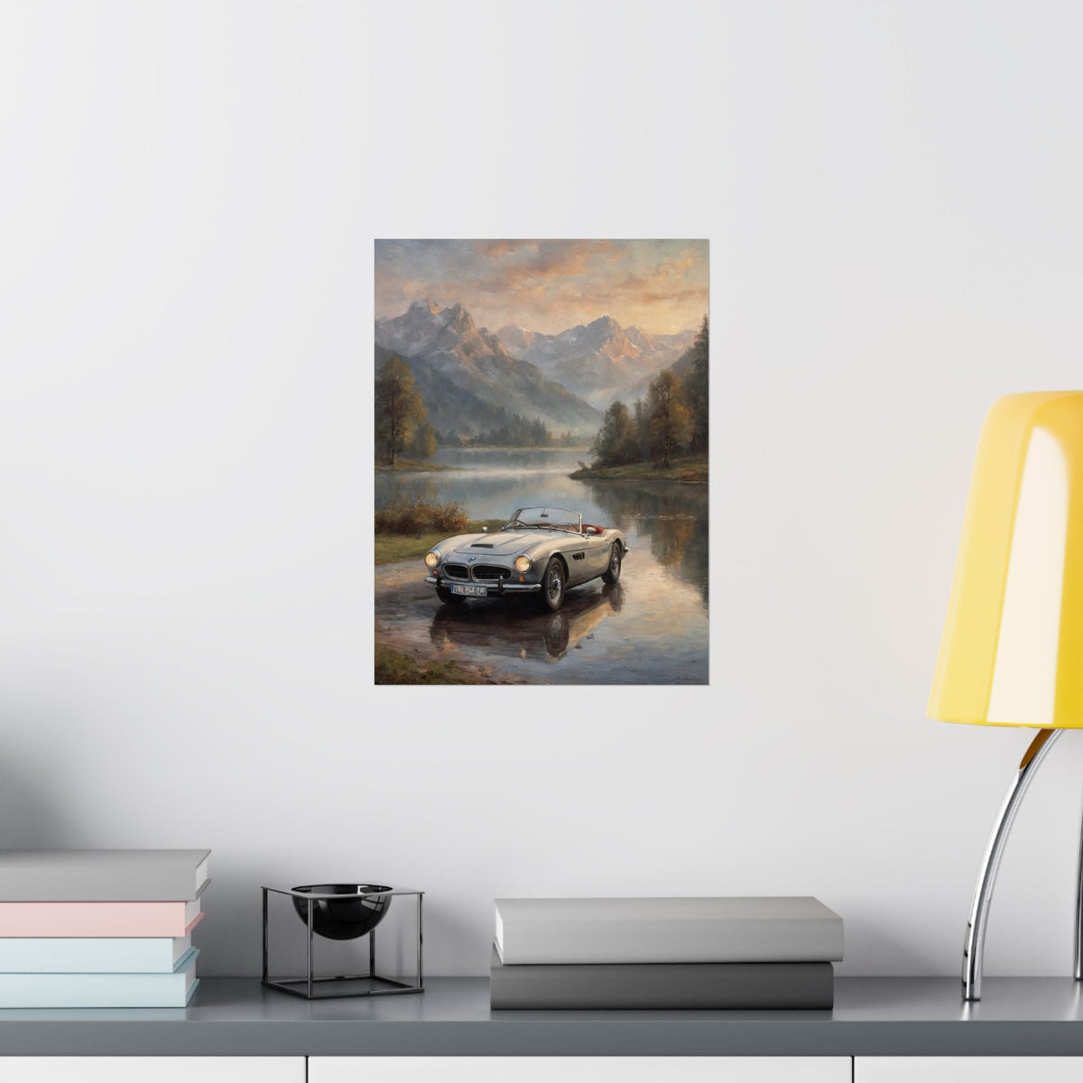 Vintage 1957 BMW 507 Roadster Poster | Alpine Lake Sunset Reflection Wall Art | Impressionist European Classic Sports Car Fine Art Paper Print