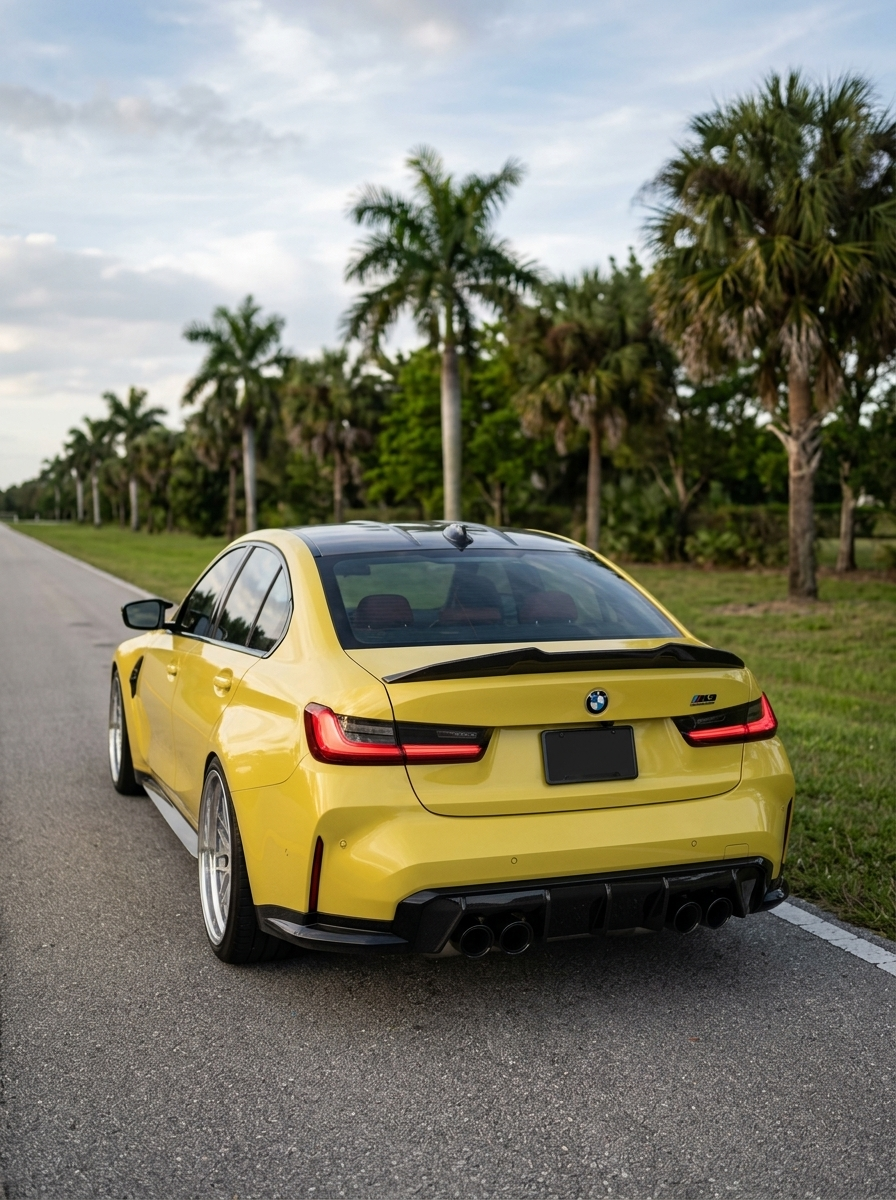 BMW 3 Series G20 G28 G80 M3 carbon fiber trunk spoiler by K2 Industries, showcasing sleek aerodynamic design and glossy finish.