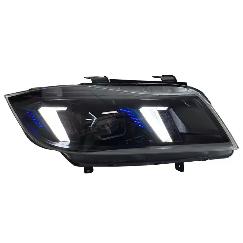 Vekto dual-color laser LED headlights installed on a BMW 3 Series E90 2005-2012, showing bright illumination and modern design.