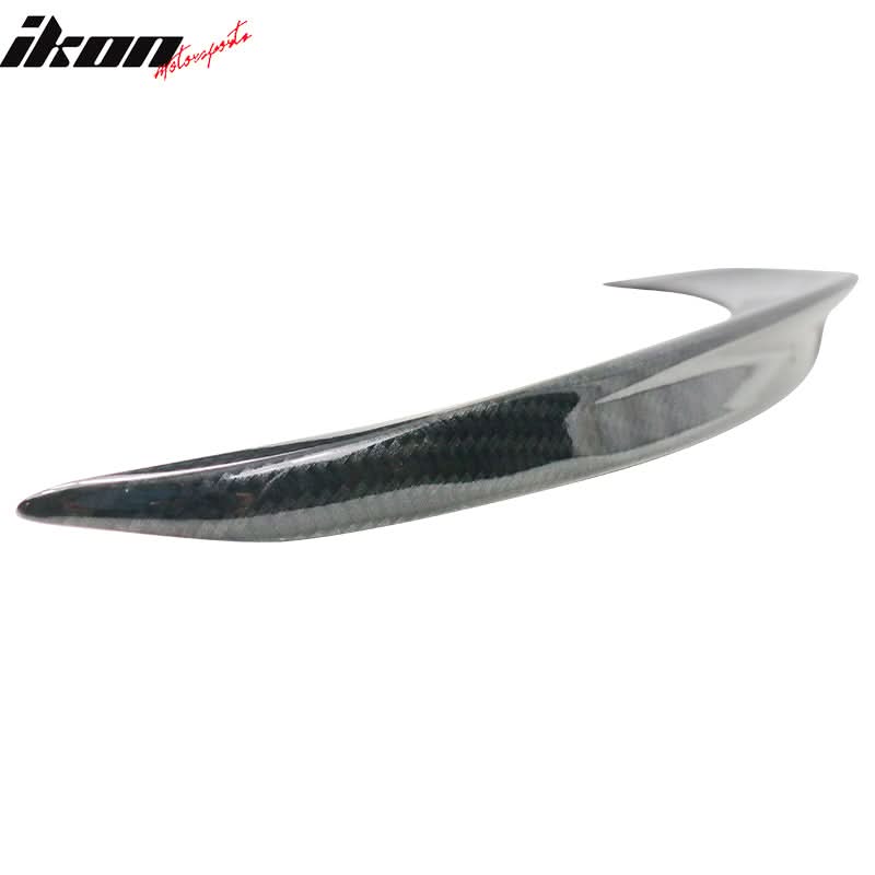Black carbon fiber trunk spoiler for BMW F30 F80 M3 sedan by K2 Industries, featuring aerodynamic design and smooth finish.