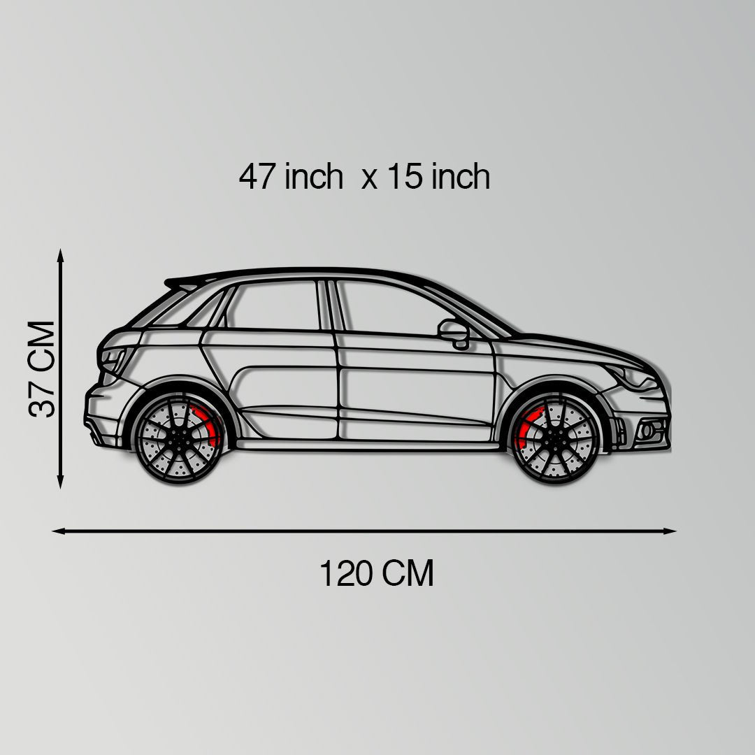 Handmade metal Audi A1 car wall art with rotating wheels, automotive silhouette decor for petrolheads by Enova Art.