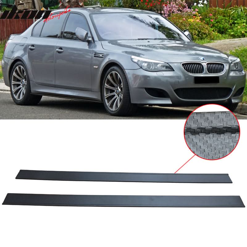 K2 Industries carbon texture side skirts for BMW E60 2004-2010 with flat bottom line lip, designed for sporty styling and fit.