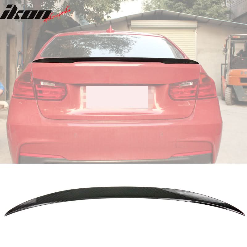 BMW F30 F80 M3 trunk spoiler in carbon fiber print by K2 Industries, designed for 2012-2019 sedan with a sleek aerodynamic look.