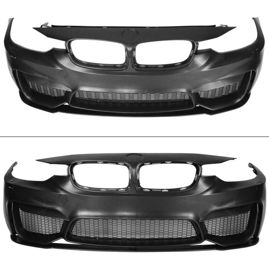BMW F30 3 Series M3 style front bumper replacement with lip for 2012-2018 models by K2 Industries, shown with a black finish.