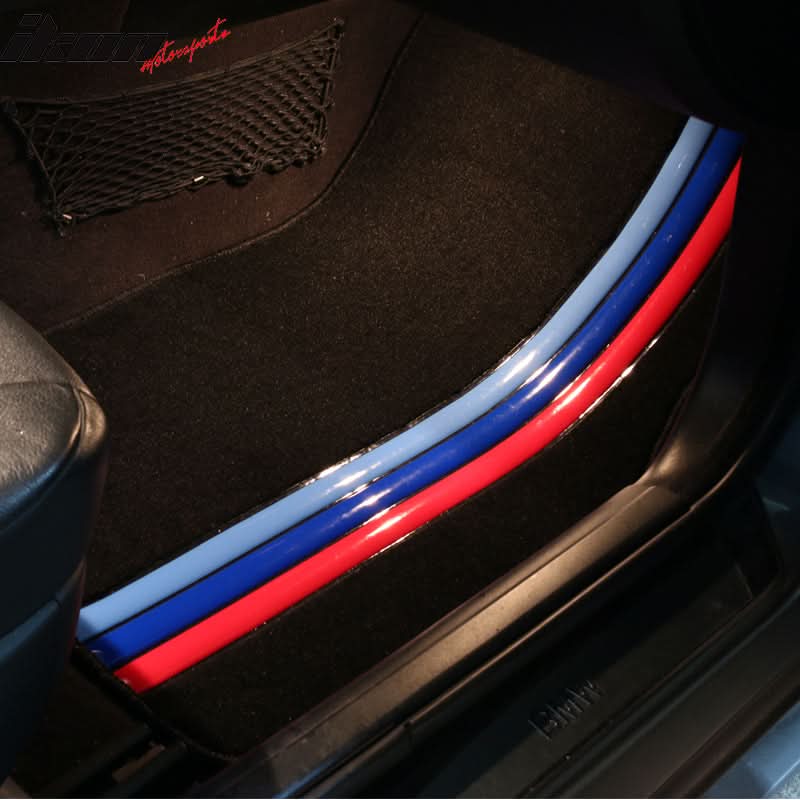 Black nylon car floor mats with M stripe design for BMW E60 5 Series 2005-2010, 4-piece set by K2 Industries