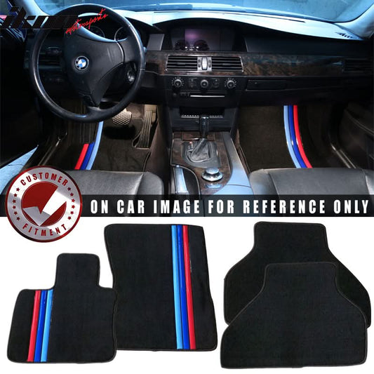Black nylon car floor mats with M color stripe for BMW E70 X5 (2007-2012), 4-piece set by K2 Industries.