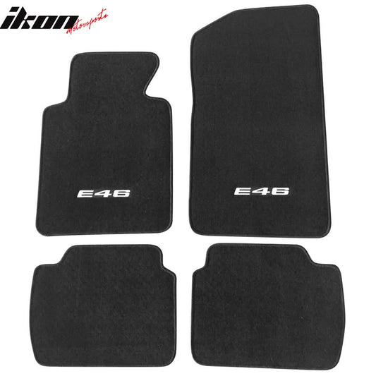 Set of four black carpet car floor mats for BMW E46 3 Series and M3, featuring K2 Industries logo and border design.
