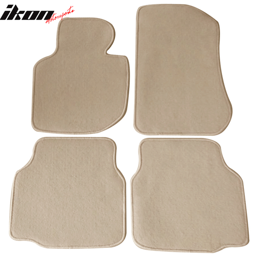 Beige carpet car floor mats for BMW E36 3 Series 1992-1998, 4-piece set by K2 Industries, nylon material with border design.