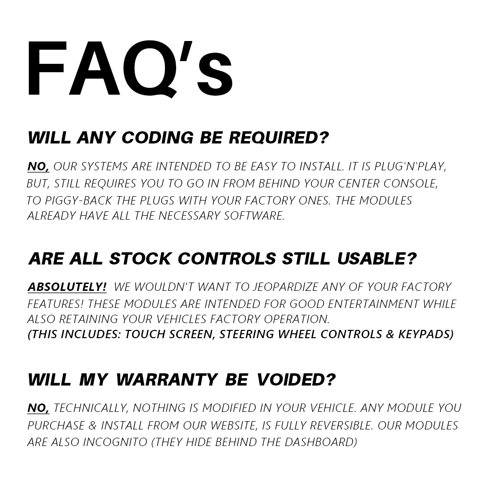 A text-based FAQ section with bold black headings on a white background, answering installation, compatibility, and warranty questions about automotive modules.