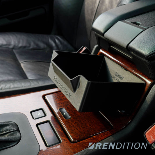 BMW E38 interior center console storage drawer by K2 Industries, showing the sleek, organized compartment for vehicle storage