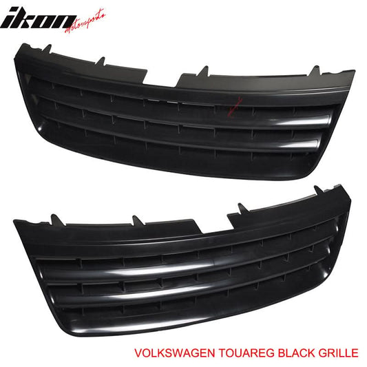 Unpainted black ABS front hood grille for 2003-2007 VW Touareg by K2 Industries, badge-free design with a sleek finish.
