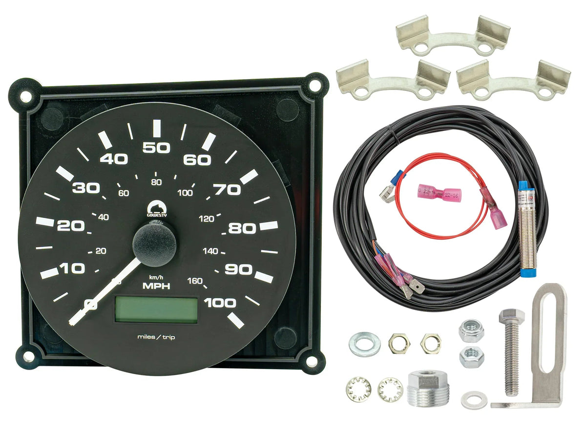 GoWesty electronic speedometer kit for Vanagon, showing digital display and sensor components for accurate vehicle speed measurement.