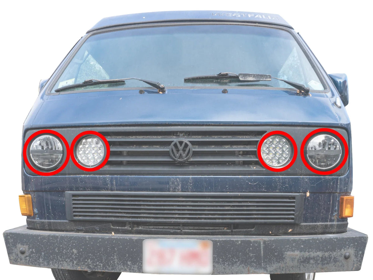 GoWesty Lens Protection Kit with South African grille installed on a Vanagon