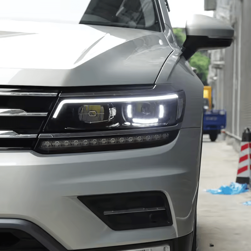 Vekto LED headlight assembly for Volkswagen Tiguan 2017-2021 showing plug-and-play headlight design with bright LED bulbs