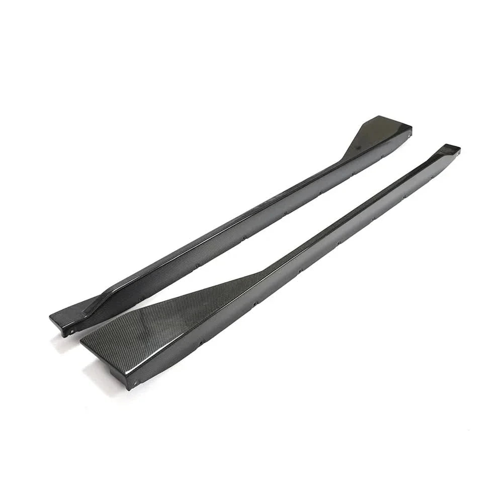 K2 Industries carbon fiber side skirt extensions for BMW G82 G83 M4 2021+, showing sleek, textured carbon fiber side skirts on vehicle